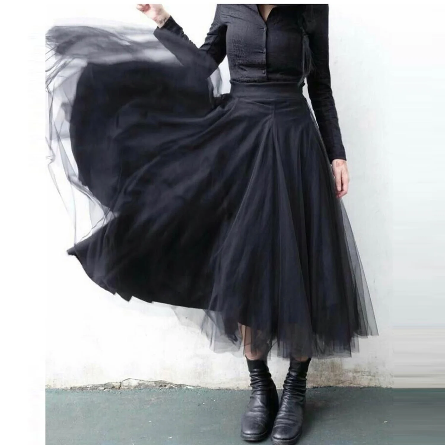 

Black Tule And Satin A Line Women Skirt High Waist Fashion Lady Skirt To Party Mid-Calf Skirt