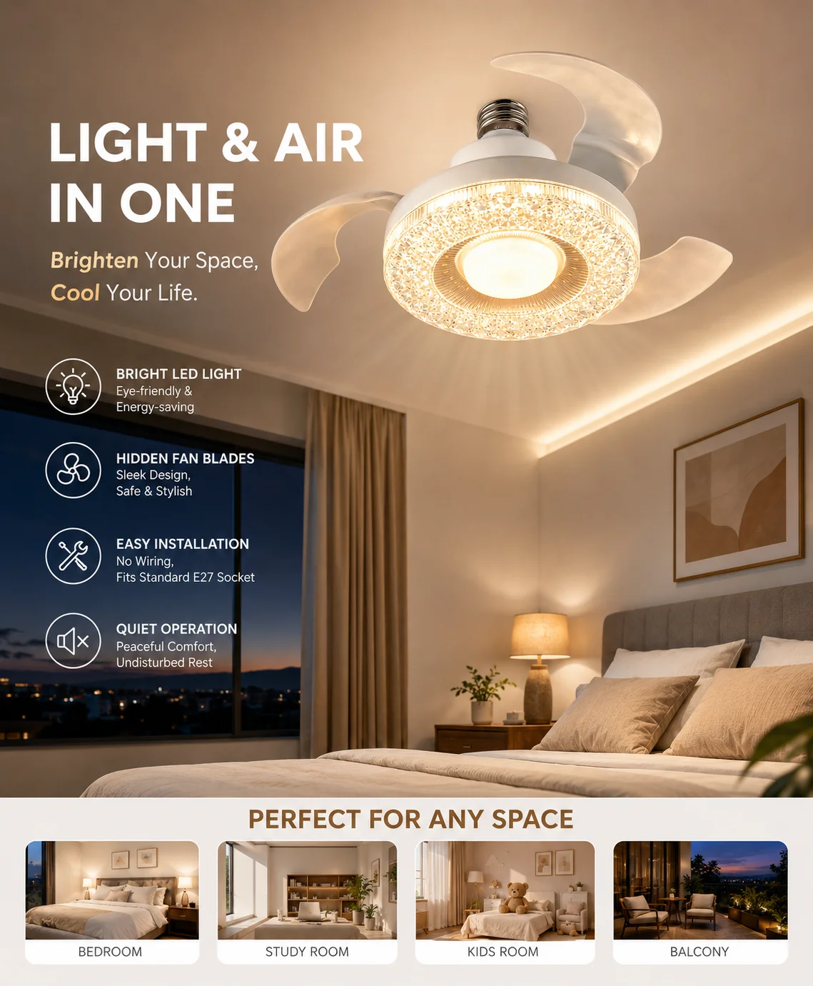 E27 Crystal Decor 2‑in‑1 Ceiling Fan Light LED Lamp Remote Control Silent Detachable Blades Easy Install For Bedroom Kitchen