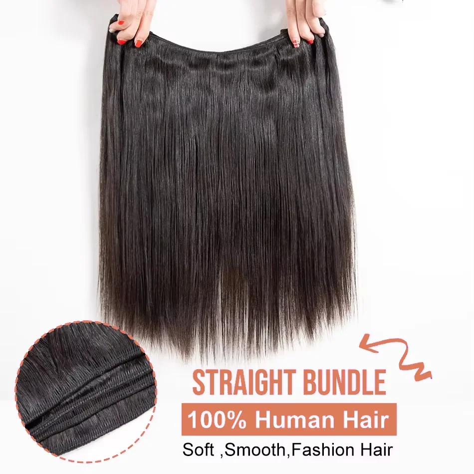 Pacote de 16A de Cabelo Humano 100% Liso, Extensões de Cabelo Cru Brasileiro de 30 a 40 Polegadas, 1, 3 ou 4 Pacotes, Preto Natural