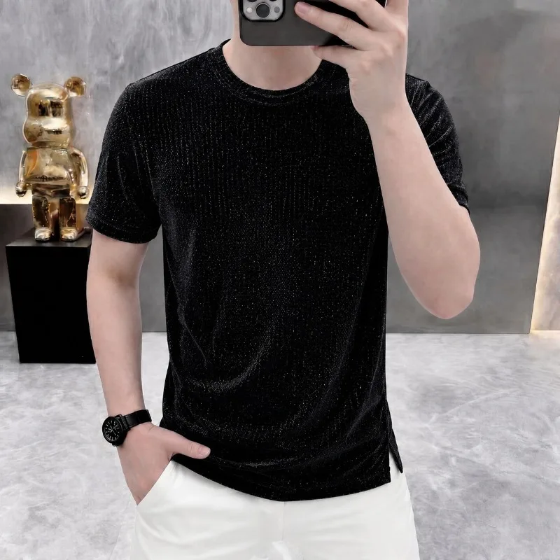 High-Quality Summer Crew-Neck Silver-Thread Short-Sleeve T-Shirt for Men Casual and Versatile Top