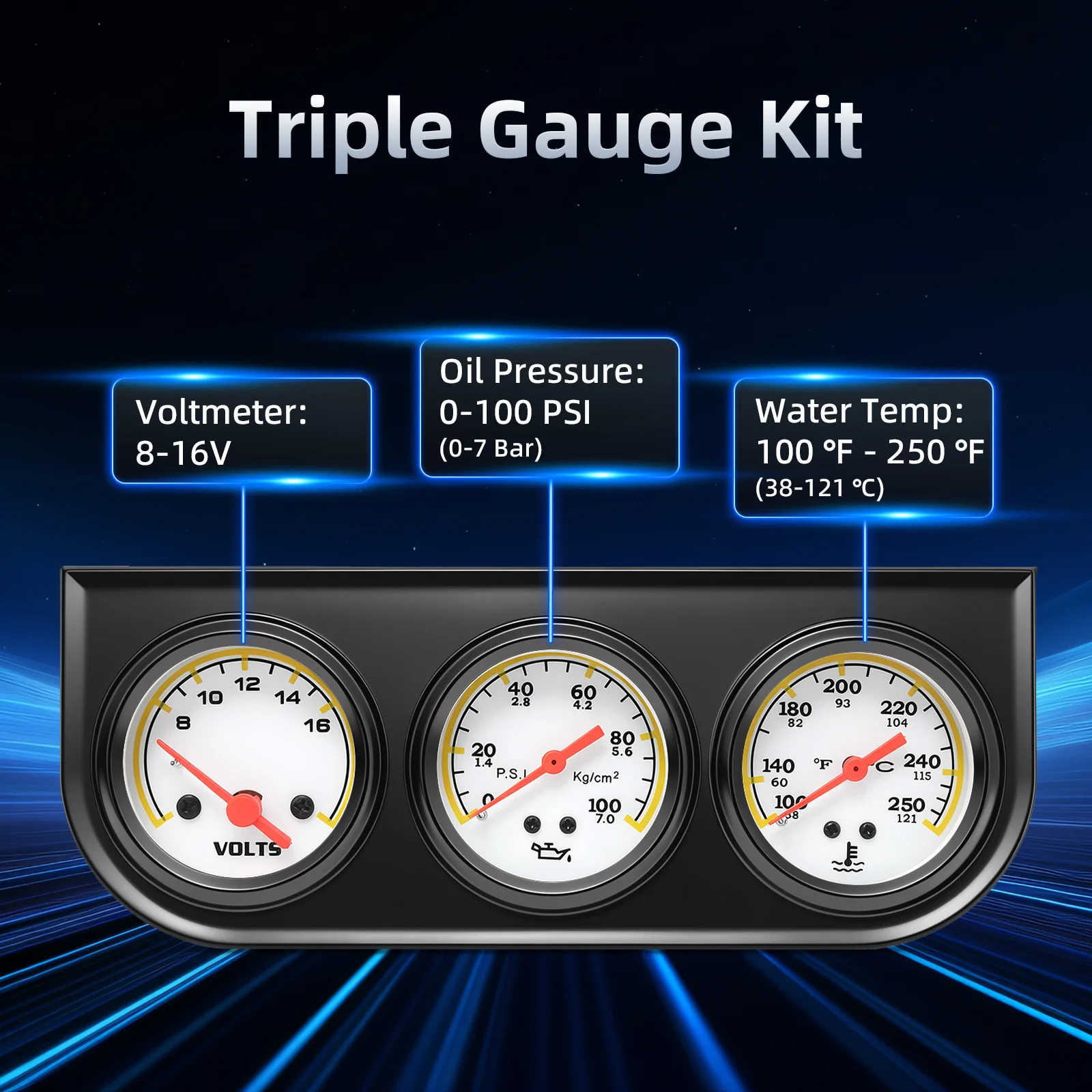 Oil Temp Oil Pressure Volt 3-In-1 Kit Meter 52mm Car Multi-function Black/Chrome Bezel Triple Gauge Set Instrument With Sensor view 3