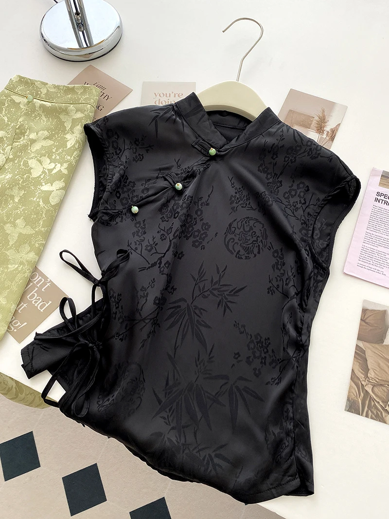 

New Chinese Sle Reformed Top Women Summer New Vintage Button ort Sve Bla Embroidery Asymmetrical T