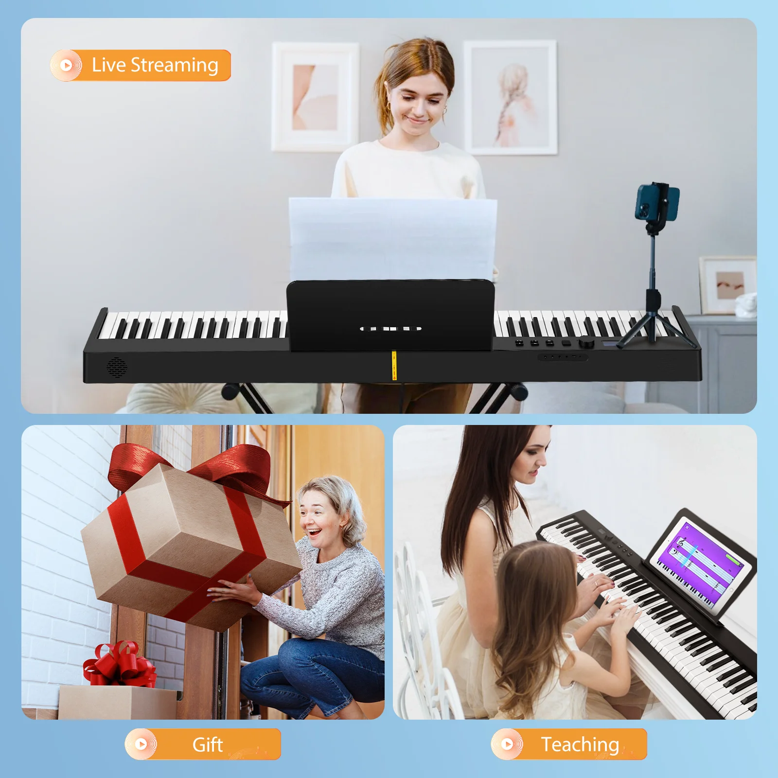 لوحة مفاتيح بيانو إلكترونية قابلة للطي 88 مفتاحًا 128 نغمة 180 ° لوحة مفاتيح البيانو القابلة للطي البيانو الإلكتروني متعدد الوظائف #6
