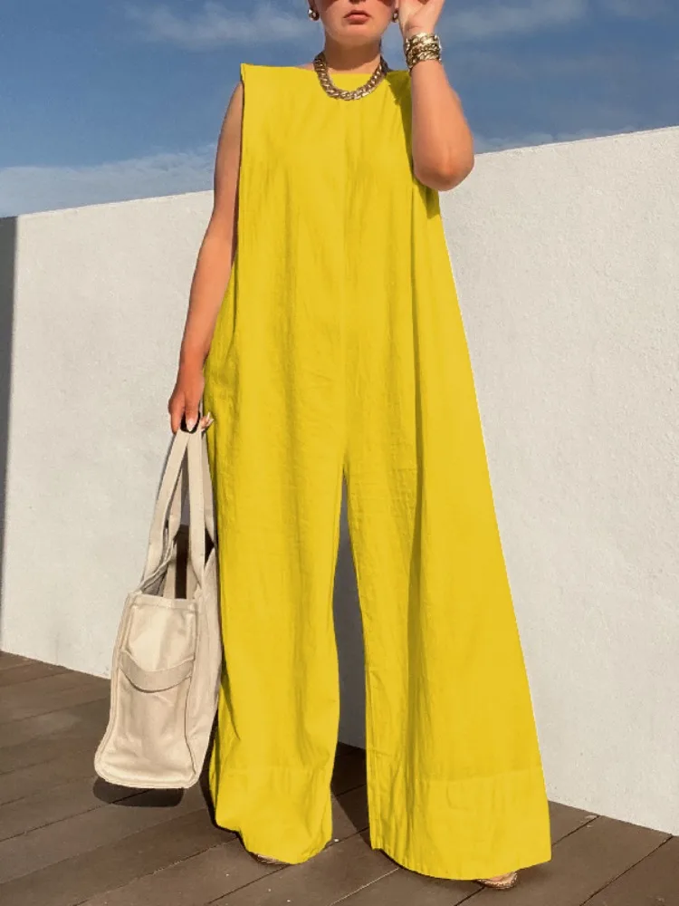 Women's Minimalist Solid Color Sleeveless Wide Leg Jumpsuits Loose O-Neck Casual Going Out Vacation Outfits With Shoulder Pad