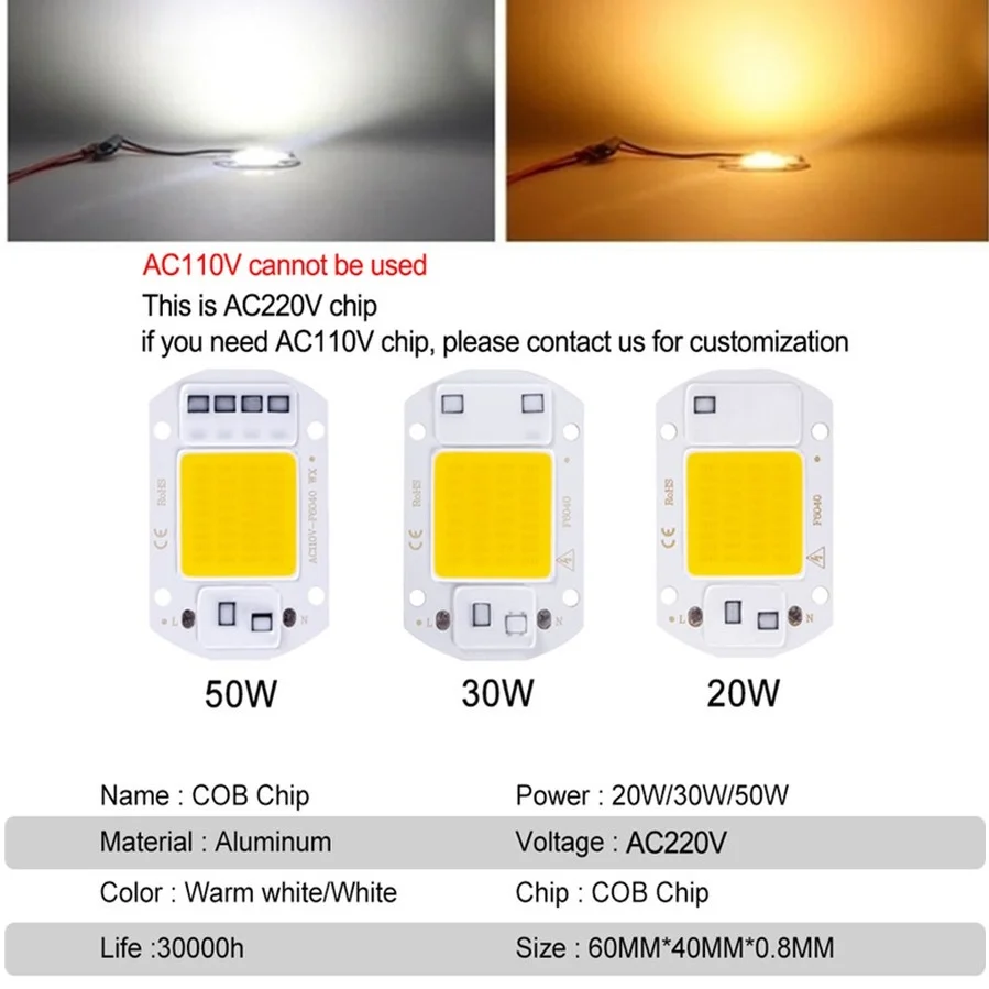 Chip LED COB de 220V, 10W, 20W, 30W, 50W, IC inteligente, sin necesidad de controlador, 3W, 5W, 7W, 9W, lámpara de bombilla LED para foco de luz de