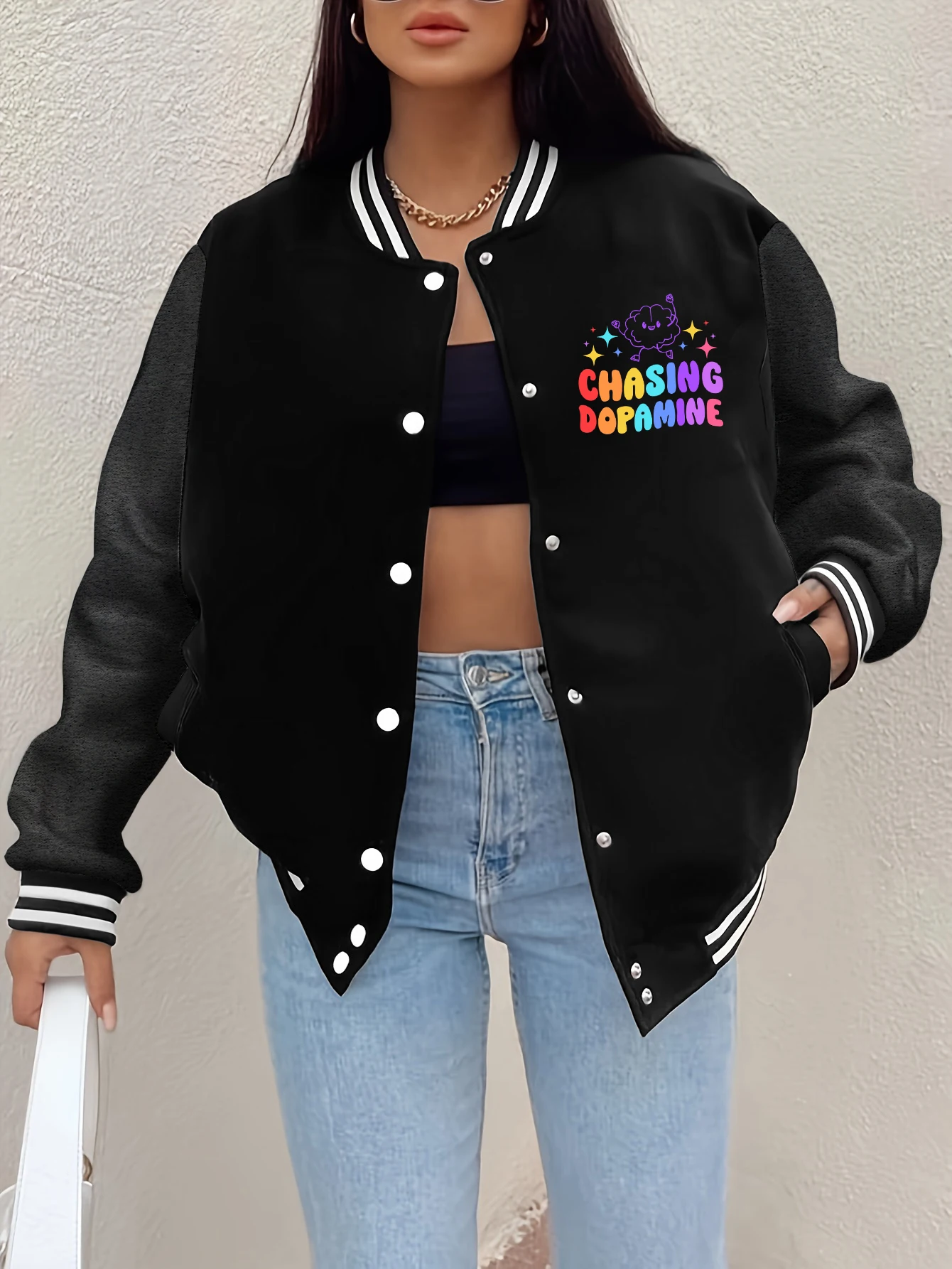 

Бейсбольный трикотаж с цветным принтом Chasing Dopamine, женские свободные американские куртки в стиле Харадзюку, флисовая мягкая спортивная одежда, осенняя одежда