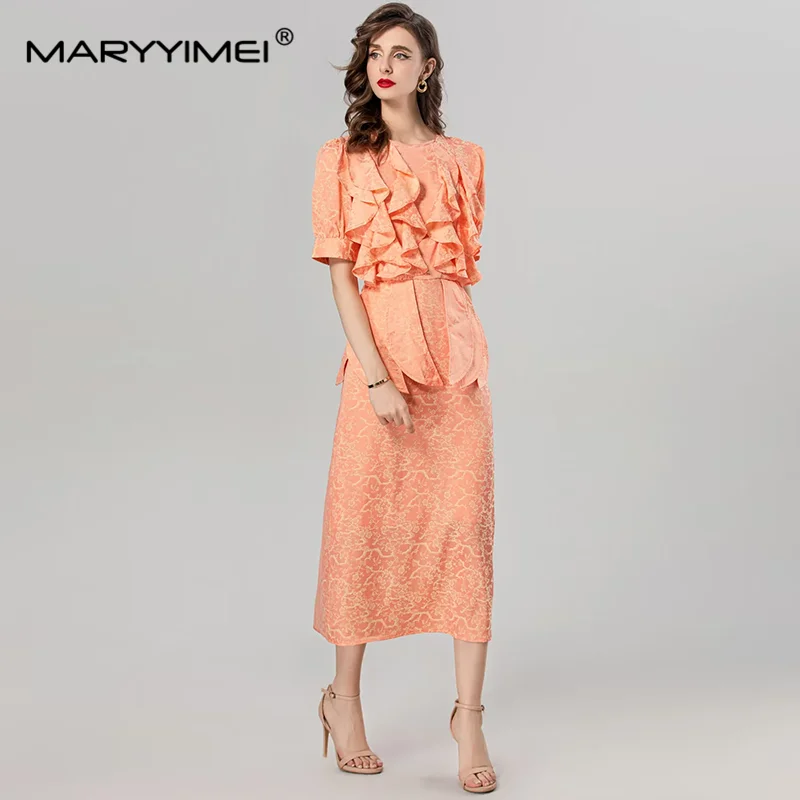 

MARYYIMEI Summer Women's Dress Jacquard Short-Sleeved Flounced Edge Splicing Slim Waist Vintage Party Dresses