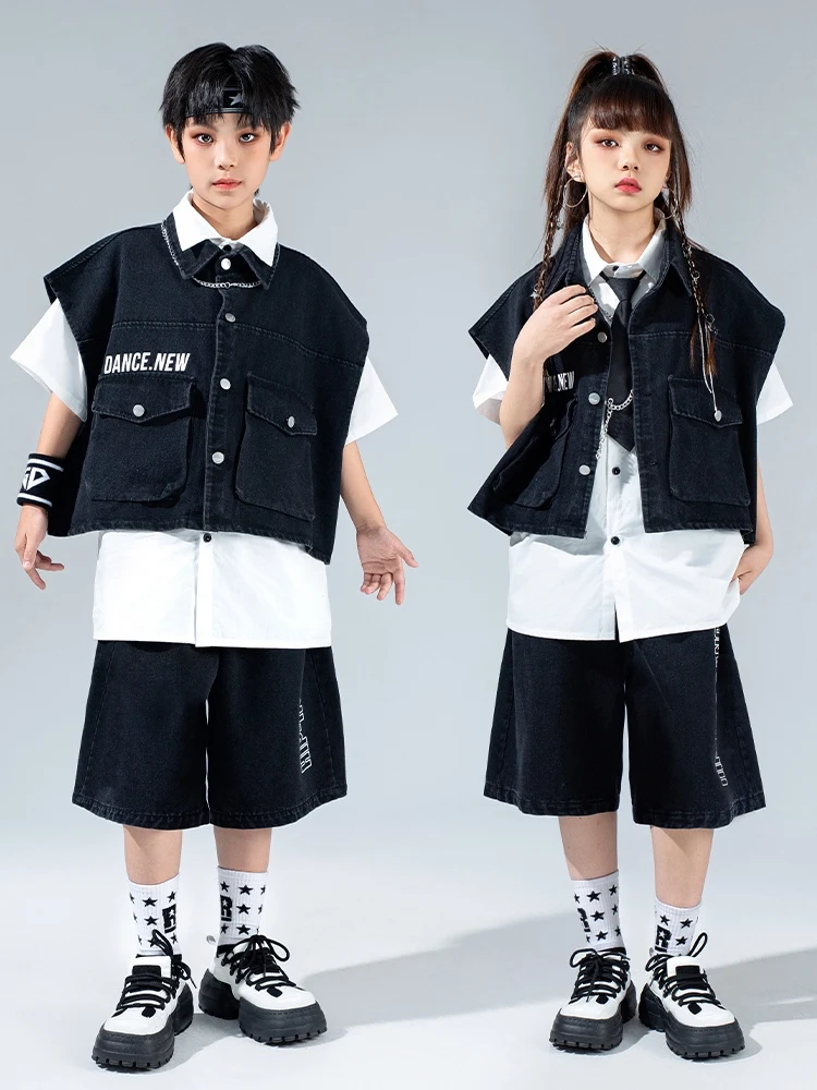 Boys Hip Hop Dance Costume Black Vest Kids Loose Street Dance Clothing Girls Jazz Modern Dance Performance Outfits Teens BL13361