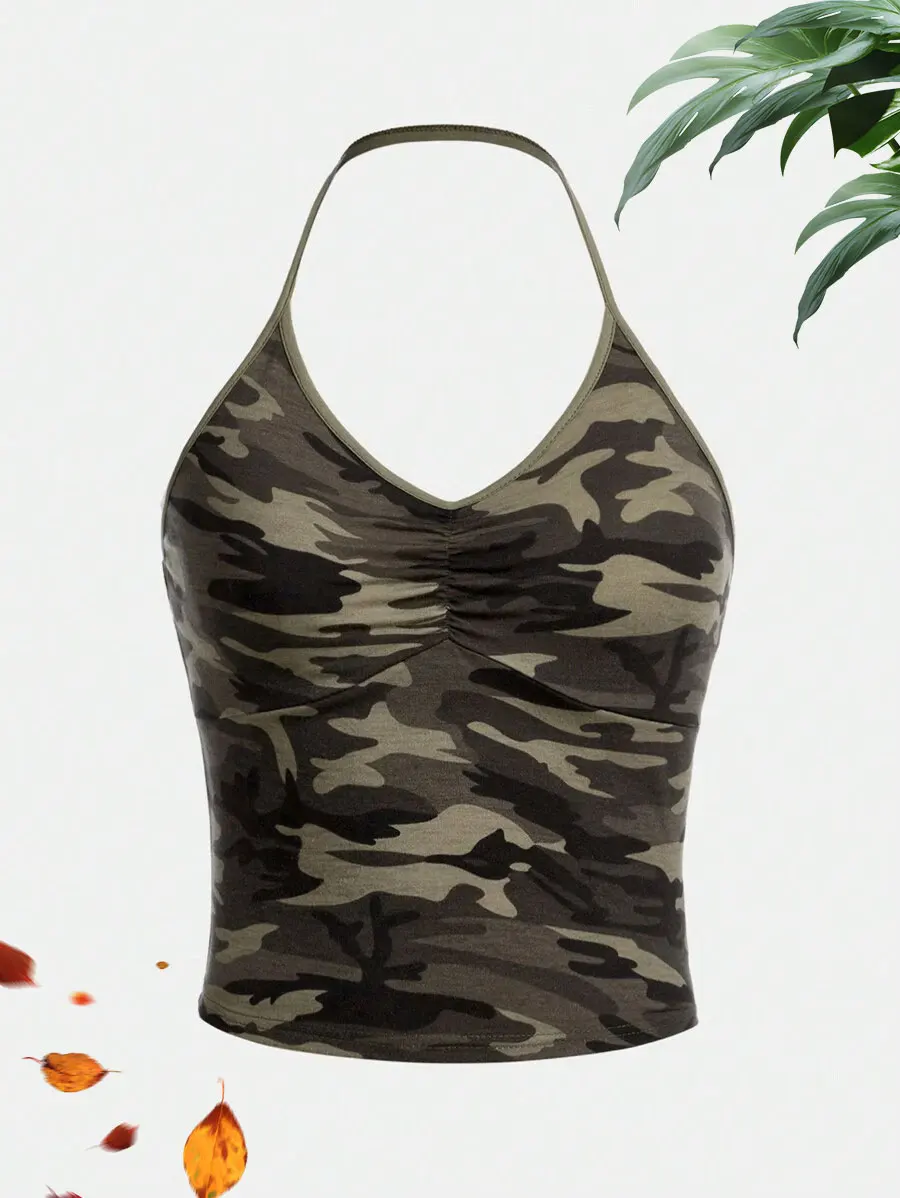 Image of Damen-Crop-Top mit Camo-Print, lässiges, gerüschtes, ärmelloses Camisole-Top mit V-Ausschnitt