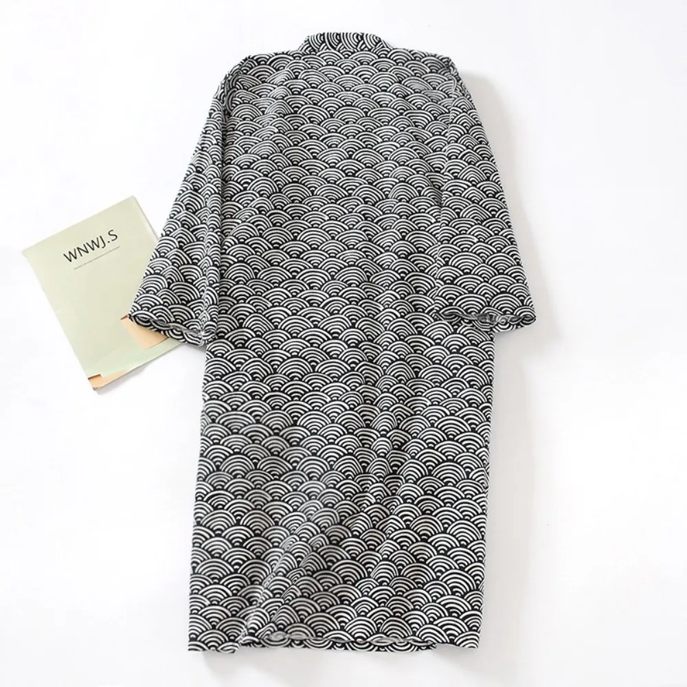 فستان النوم الخامس الرقبة الرجال كيمونو البشكير كم طويل رقيقة كيمونو منامة فضفاضة طباعة الرجال مقنعين رداء حمام ارتداء