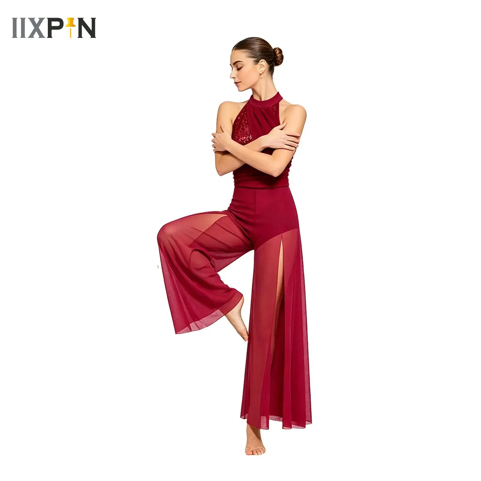 Damen Moderner Lyrischer Tanz-Performance-Jumpsuit Transparenter Mesh-Bodysuit Ballett Eiskunstlauf Gymnastik Akrobatik Jazz-Kostüm