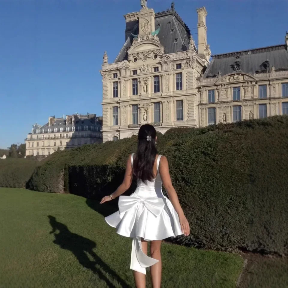 

White Elegant 3d Bow Backless Mini Dress For Women Fashion Sling A-line Pleated Vestidos Spring Summer Lady Party Evening Gown