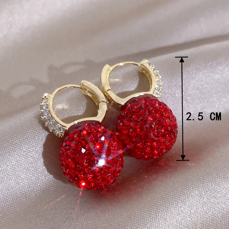 New Fashion Shiny Full Rhinestone Red Ball Drop Earrings for Women Korean Temperament Metal Earrings Jewelry Accessories