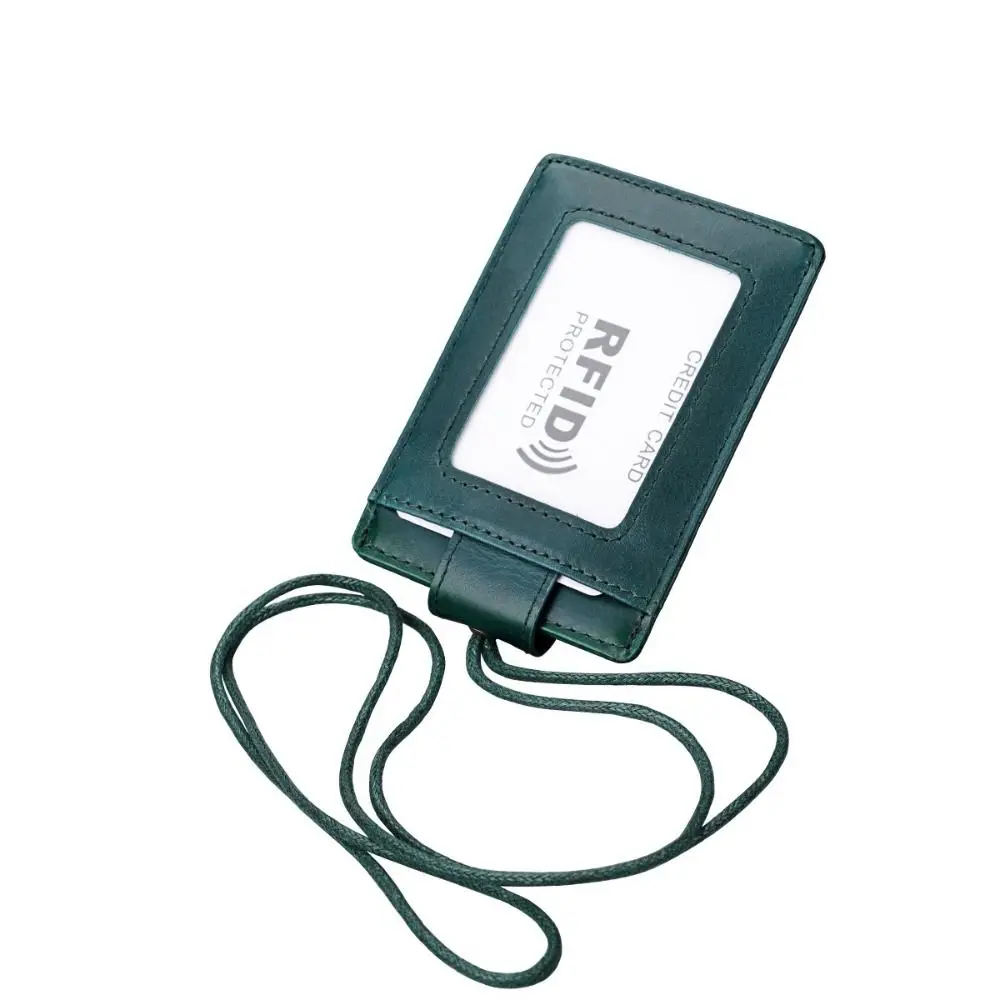 Portatarjetas de identificación de cuero genuino, insignia de identidad con cordón, cubierta de tarjeta con bloqueo RFID, monedero, tarjeteros de trabajo con bloqueo RFID