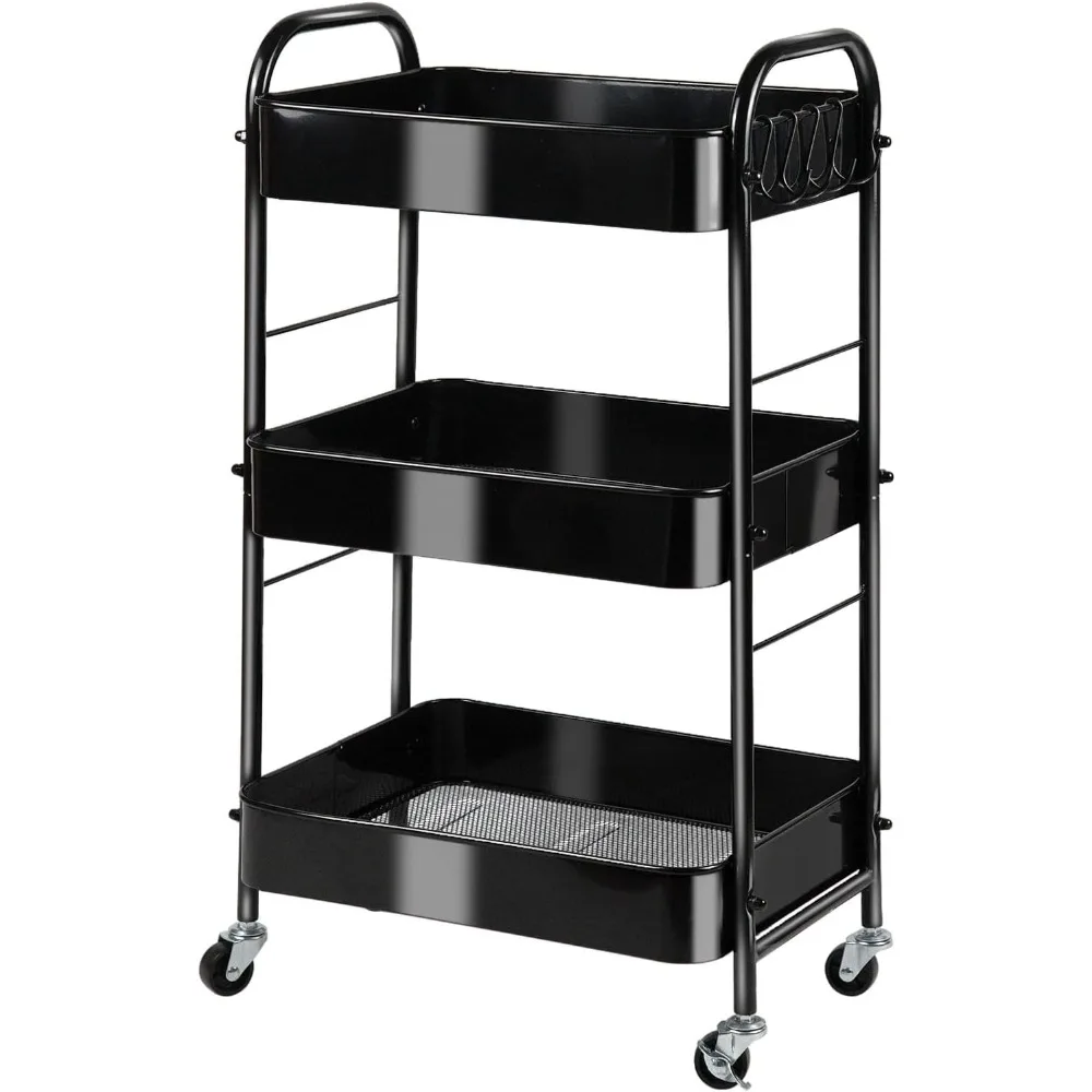 

3-Tier Rolling Utility Cart with Stopper Caster Wheels and 4 Hooks, Easy Assembly, for Kitchen, Bathroom, Living Room, Office (B