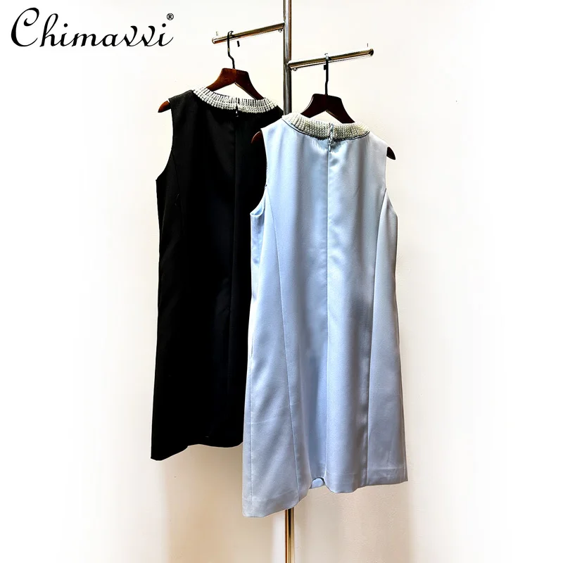 French Retro Handmade Beaded A-shaped Dress Spring and Summer New Fashion Slim Round Neck Sleeveless Party Short Dresses Women
