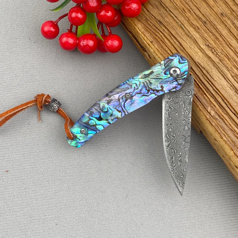 Pisau Lipat Baja Damaskus untuk Berkemah di Luar Ruangan, Tajam, Portabel, Pisau Saku untuk Berkemah