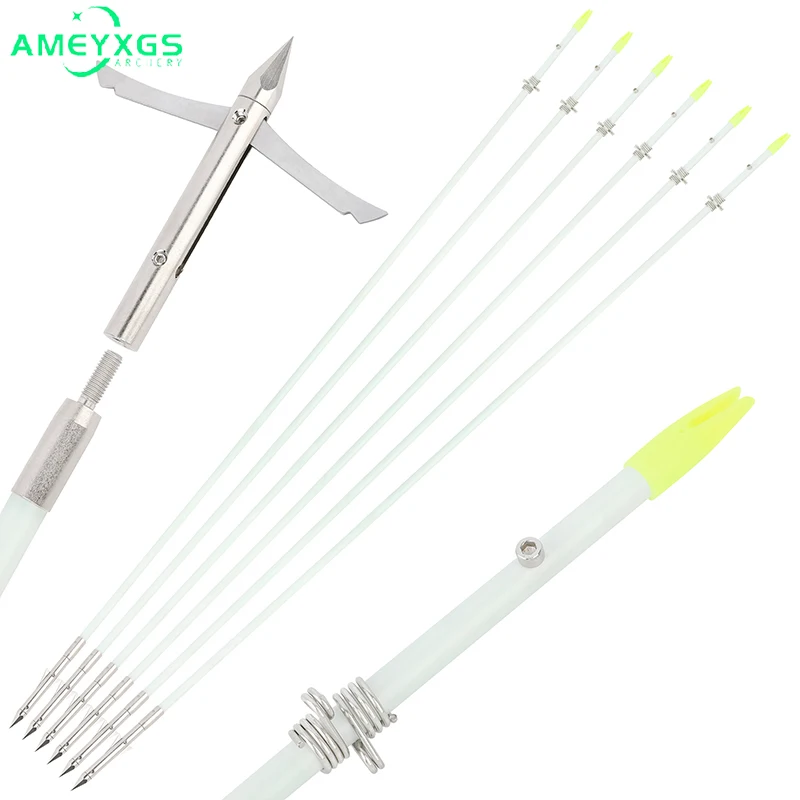 

33.5Inch Archery 6pcs Fishing Arrow Solid Fiberglass Arrows OD 8mm With Shooting Fish Arrowhead Bowfishing Hunting Accessories