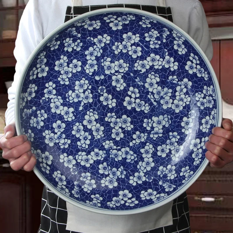 Large Serving Plates Chinese  Blue And White Dish Bowl Retro Porcelain Tableware Home Dish Spaghetti Roast Turkey Roast Goose