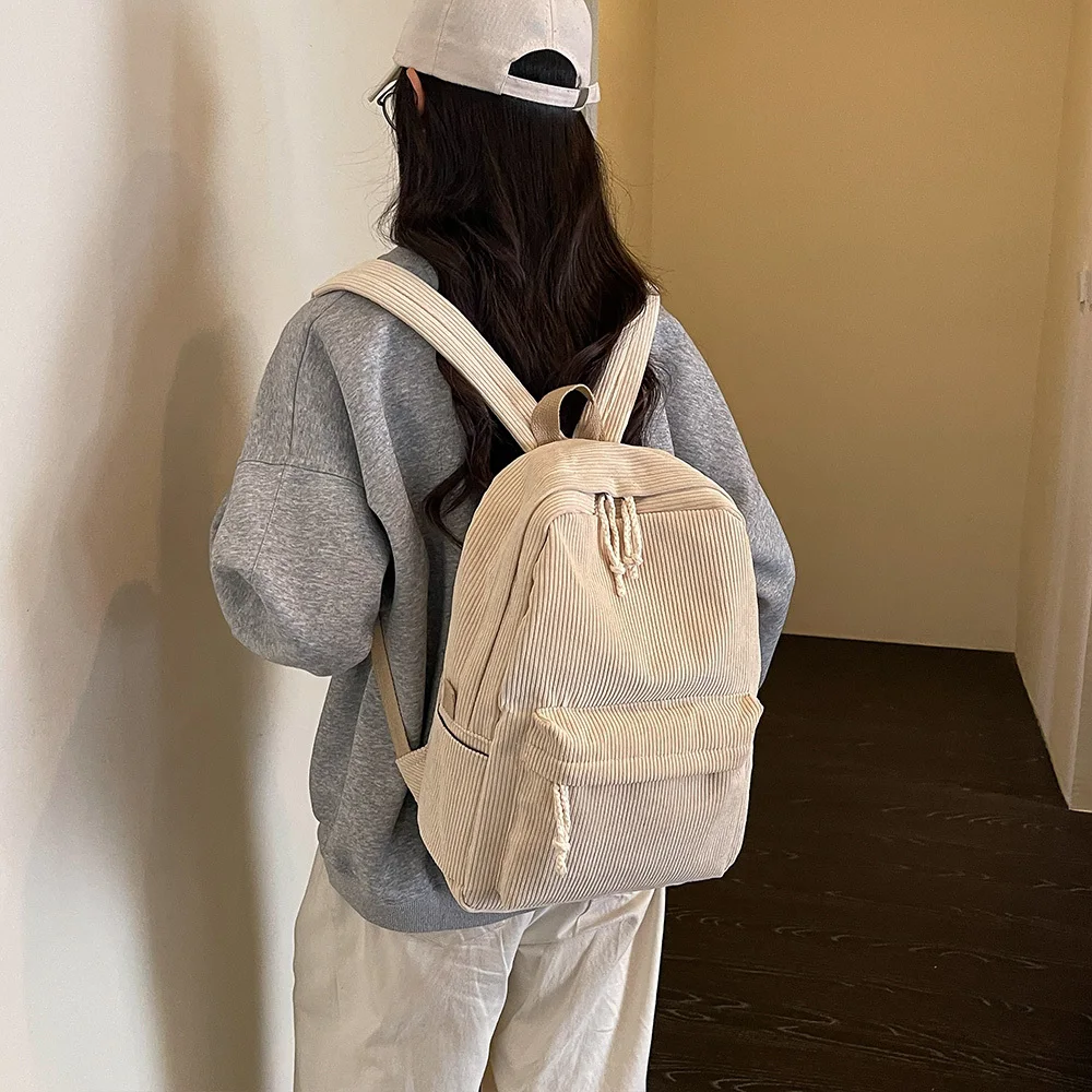 Casual Backpack corduroy rucksack solid color multi pockets lightweight soft trendy for daily walking weekend outing shopping