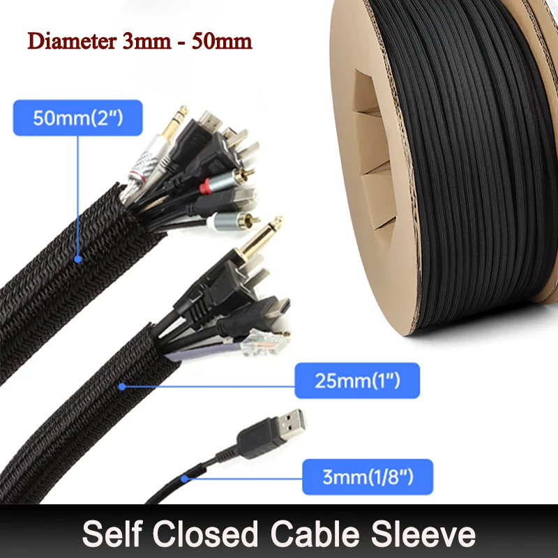 1-50M Black Self Closed Cable Sleeve 3mm-50mm PET Braided Auto Line Management Overlaps Split Loom Wrap Sheath