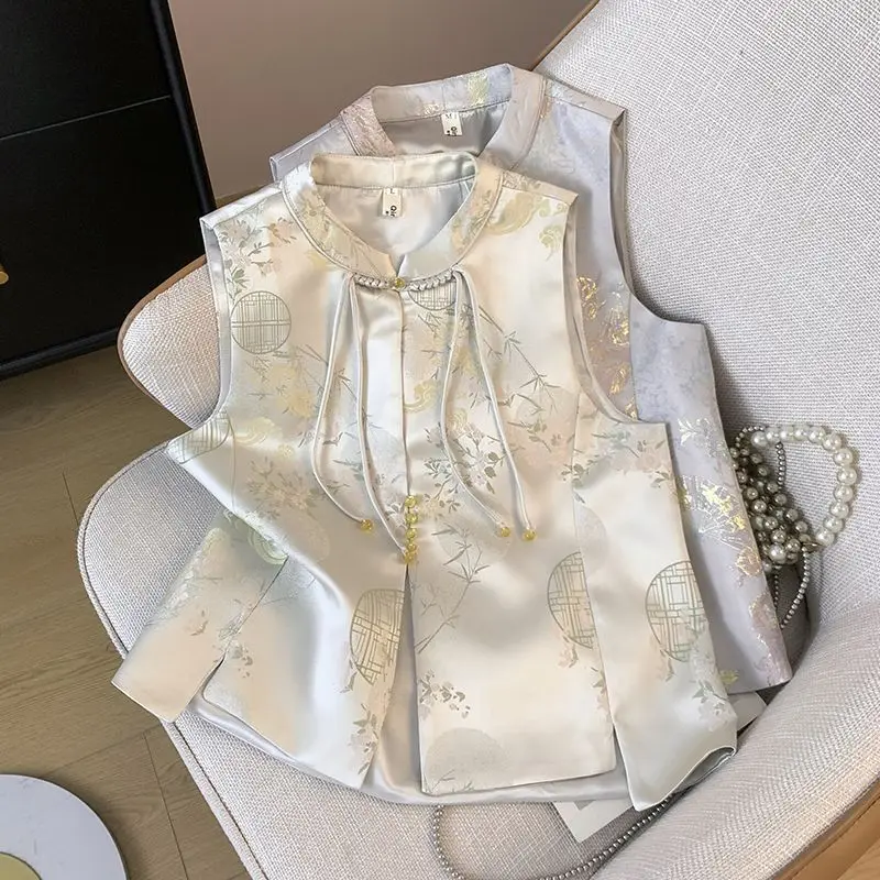 2025 nuevo chaleco para mujer, chaqueta sin mangas para primavera y verano, cárdigan de estilo chino, abrigo de Jacquard, chalecos informales para mujer, Tops forrados