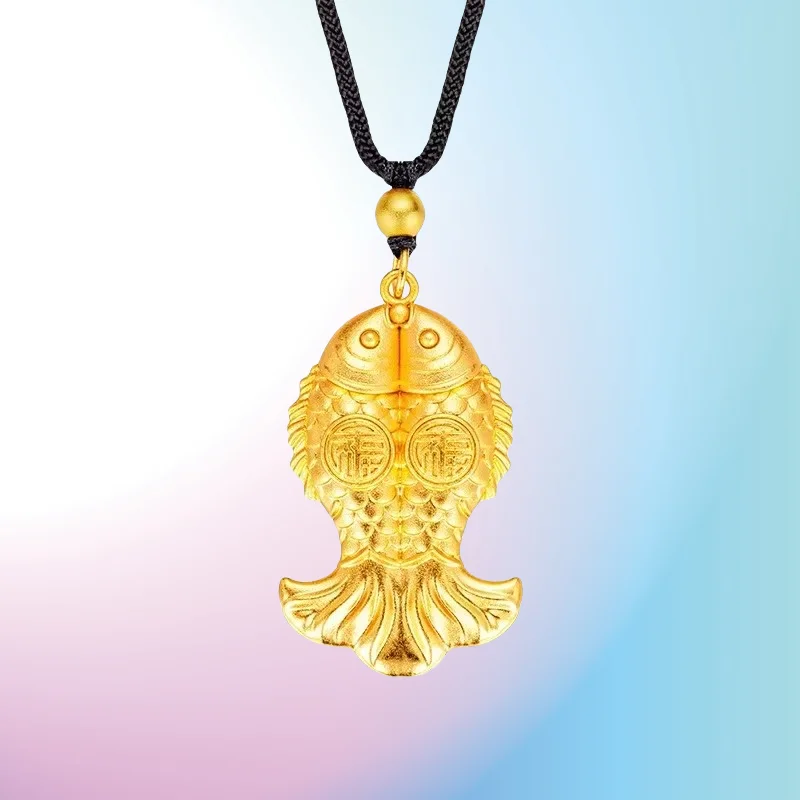 

NEW 9999 Real Gold 24K Ancient Gold Pisces Pendant Ethnic Style Gold Color Hollow Fu Character Carp Pendant