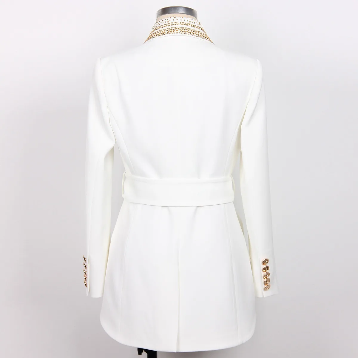 Unique Desinger Vintage Gold Sequined Beads Shawl Collar Lace-up White Blazer for Women Retro Jacket