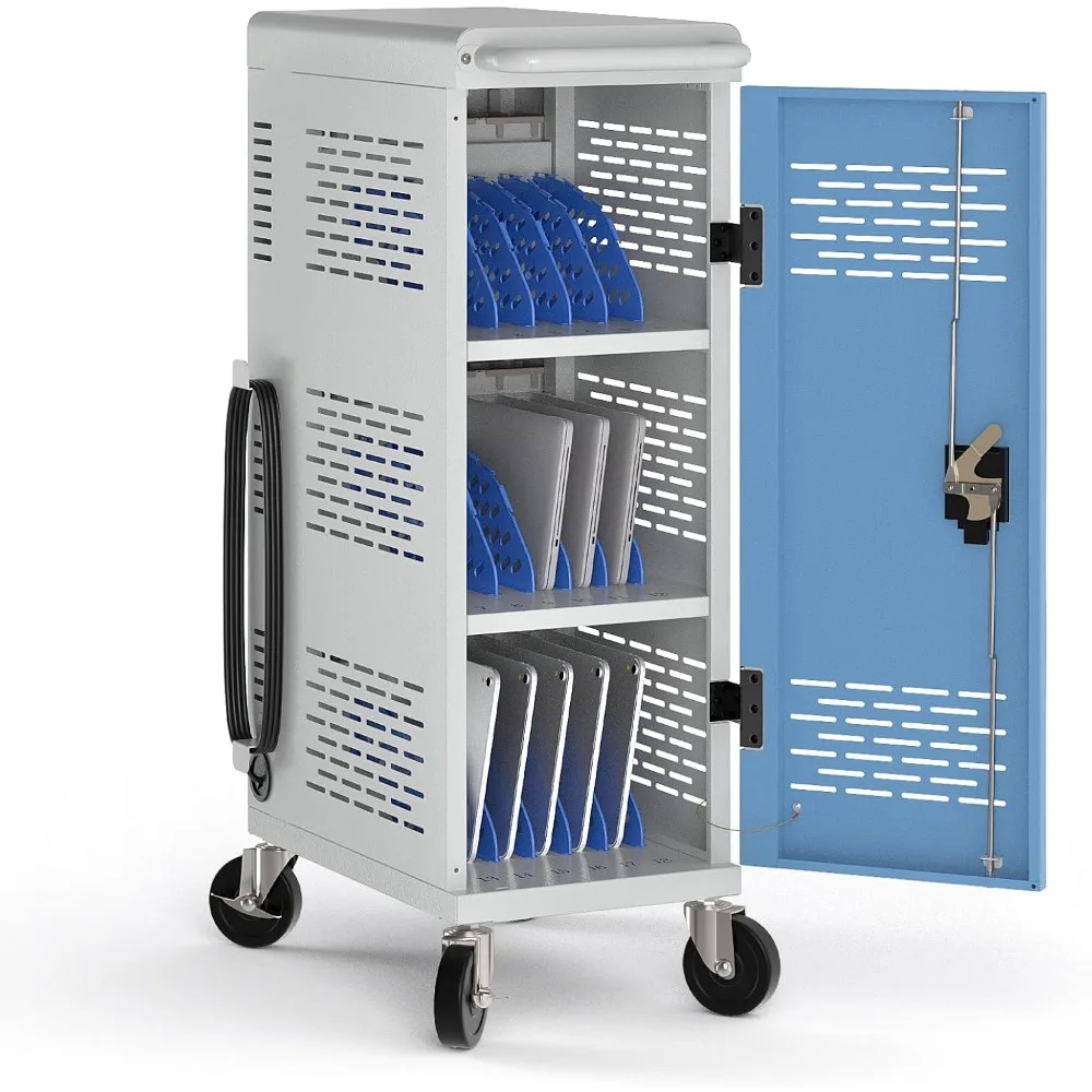 

Тележка для зарядки на 18 устройств для блокирующего шкафа для хромованых книг с кабелем, удлинителем питания — вмещает планшеты толщиной до 14 дюймов и 1,4 дюйма.