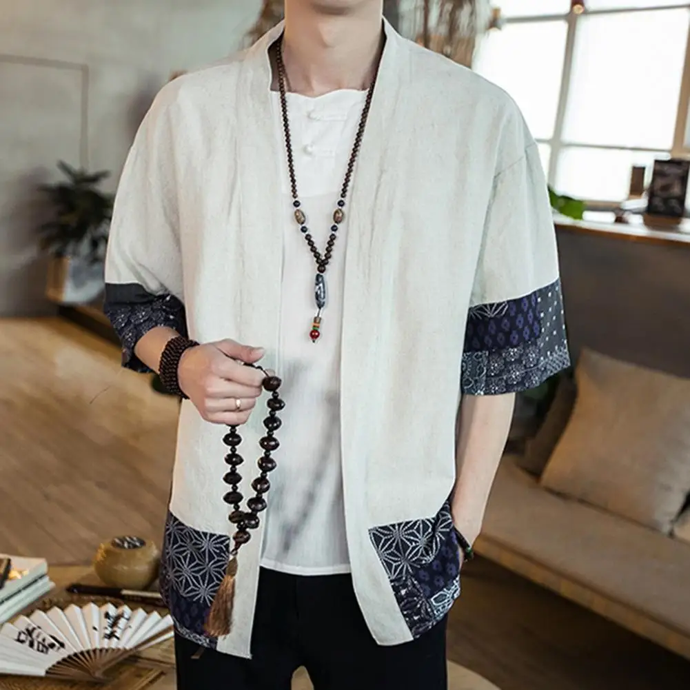 Chinese Style Men Shirt Printed Cuffs Open Stitch Mid Length Half Sleeves Plus Size Loose Cardigan Top Hanfu Costume