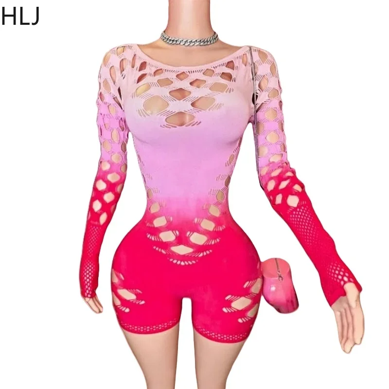 HLJ Pink Sexy Tie Dye Gradient Hollow Out Bodycon One Pieces Rompers Women Long Sleeve Slim Elasticity Jumpsuits Female Overalls