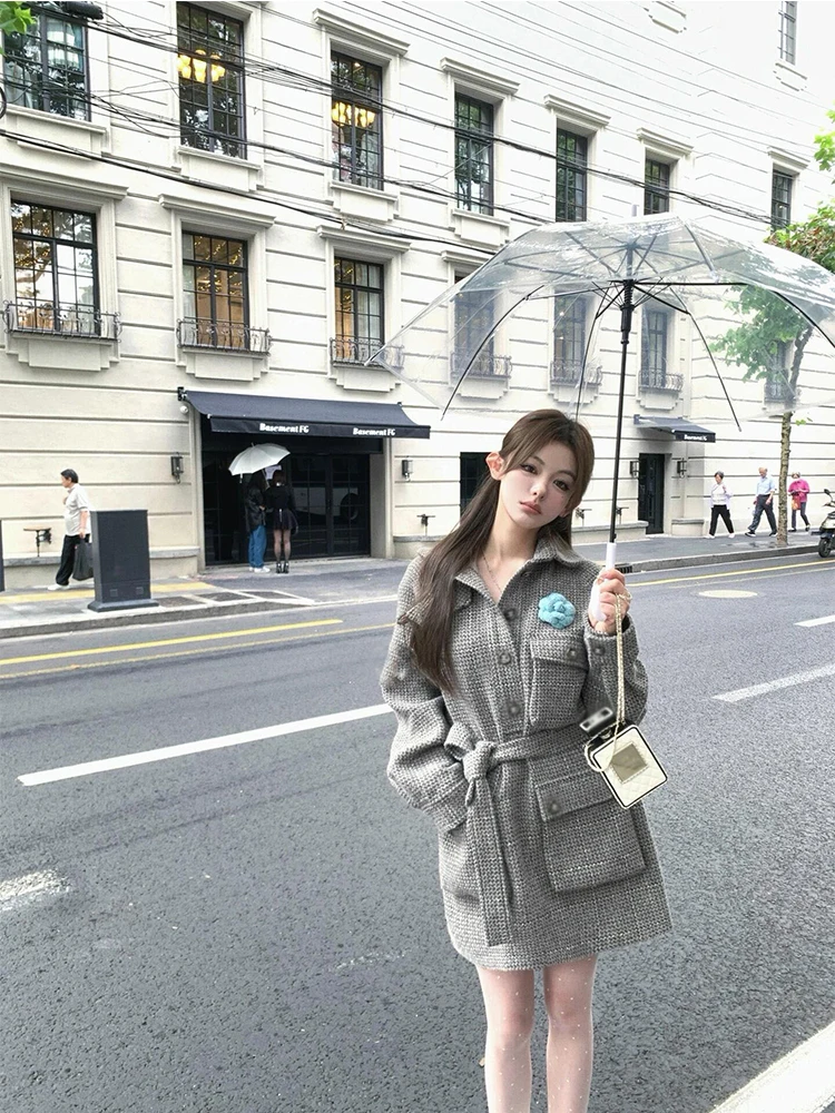 معطف صوفي نسائي صغير Fraance Sle Miu Miу Thiened متوسط الطول بحزام معطف صوفي للتنقل Sle بقصة ضيقة