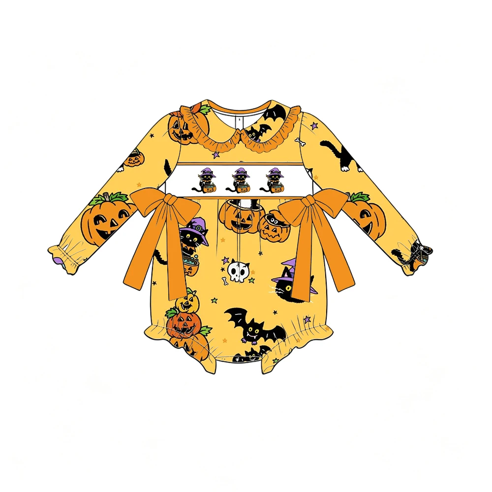 Boutique Girls' Romper Collared Ruffles Bow Decoration Long Sleeves Halloween Pumpkin Candy Print Wholesale