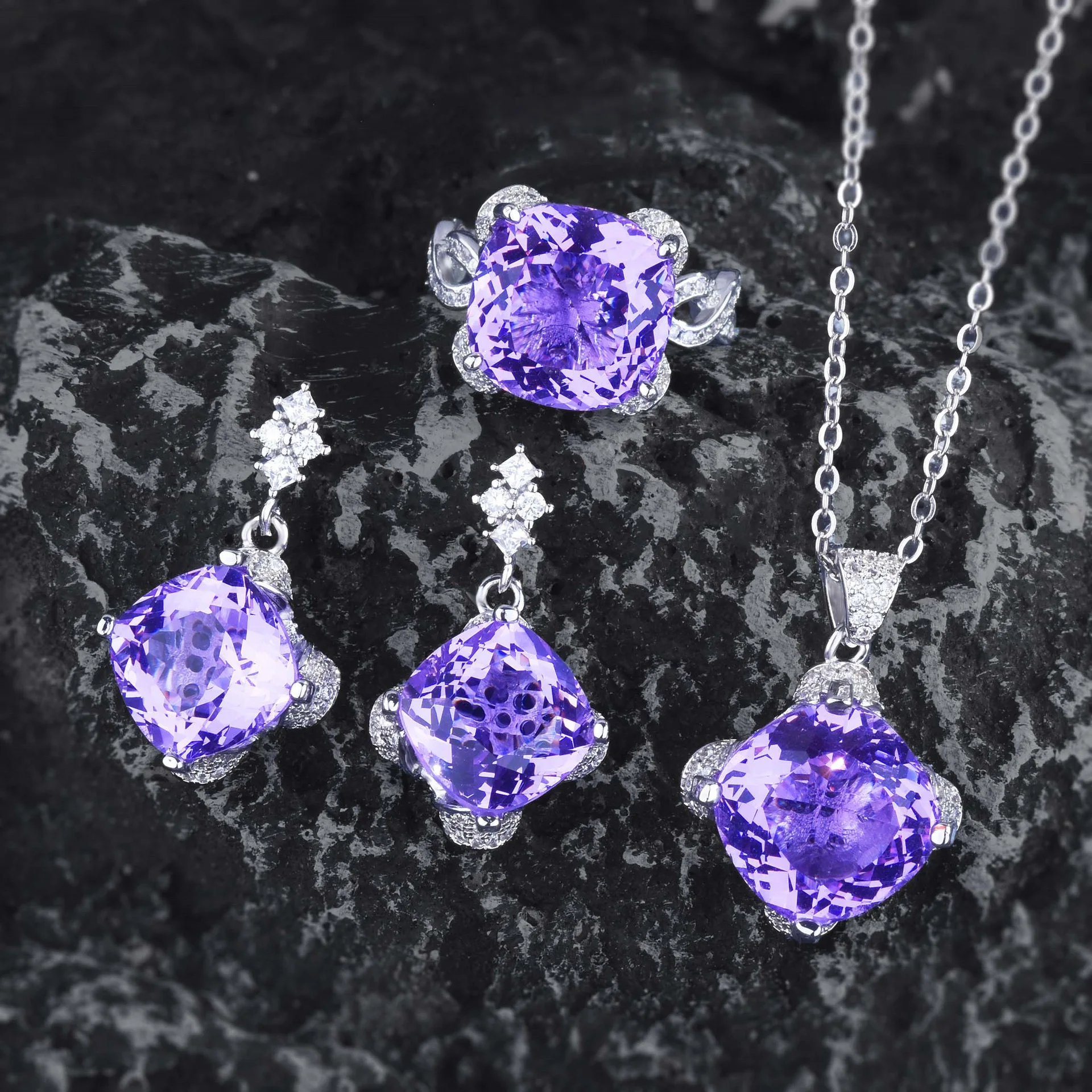 

High End Square Shaped Gemstone Jewelry Set - Aquamarine Topaz Amethyst Earrings Ring Necklace - Colored Stones Accessory Gift