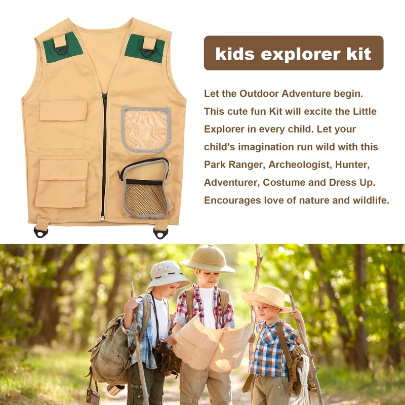 Outdoor Adventure Kit,Young Kid's Khaki Cargo Vest And Hat Comfortable And Durable Explorer Costume Role Play Toy