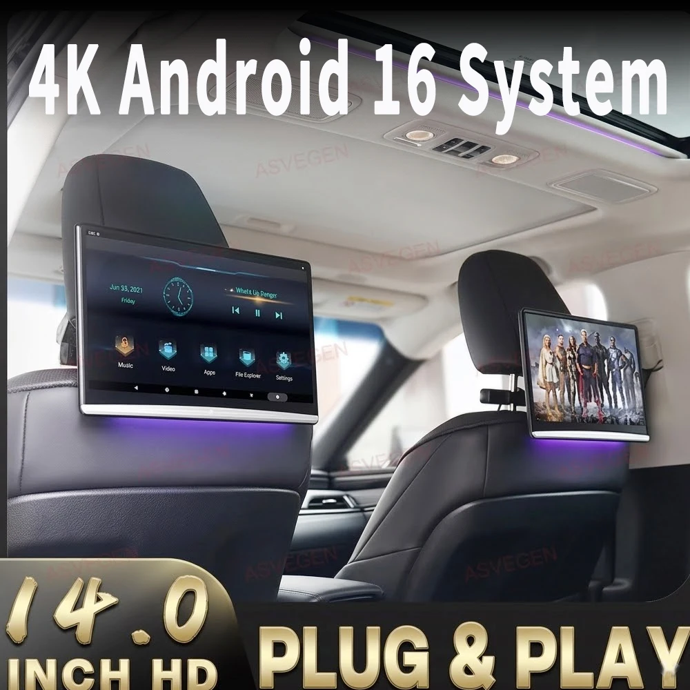 14インチ Androidスマートモニター 車載対応 ユニバーサル14インチ4K Android 16ヘッドレストモニター 16色