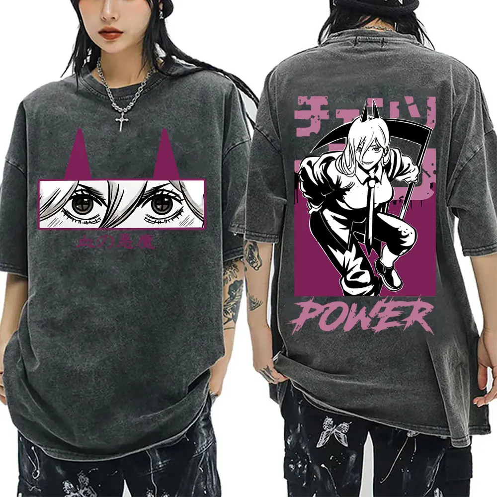 

Anime Chainsaw Man Power Washed Vintage T-shirt Men Women Casual Cotton Oversized Tee Shirt Men's Manga High Quality T Shirts