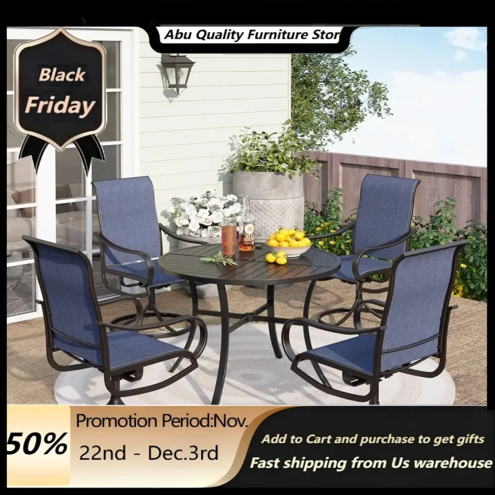 5 Piece Patio Dining Set with 4 Outdoor Swivel Mesh Fabric Chairs & 1 Large Round Metal Dining Table,Garden Furniture Sets