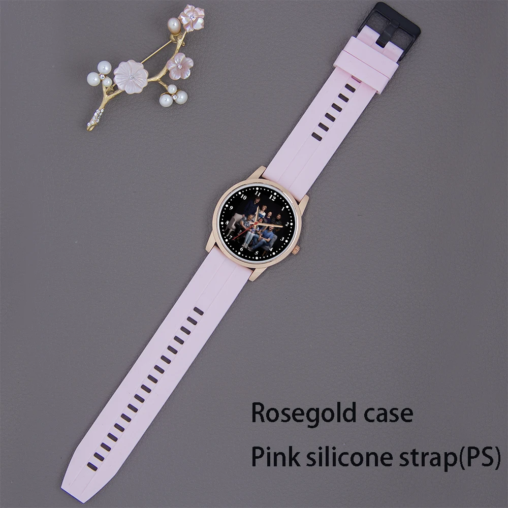Aangepaste foto-logo print quartz horloge legering kast zwart zilver roségoud staal siliconen lederen band gepersonaliseerd cadeau polshorloge
