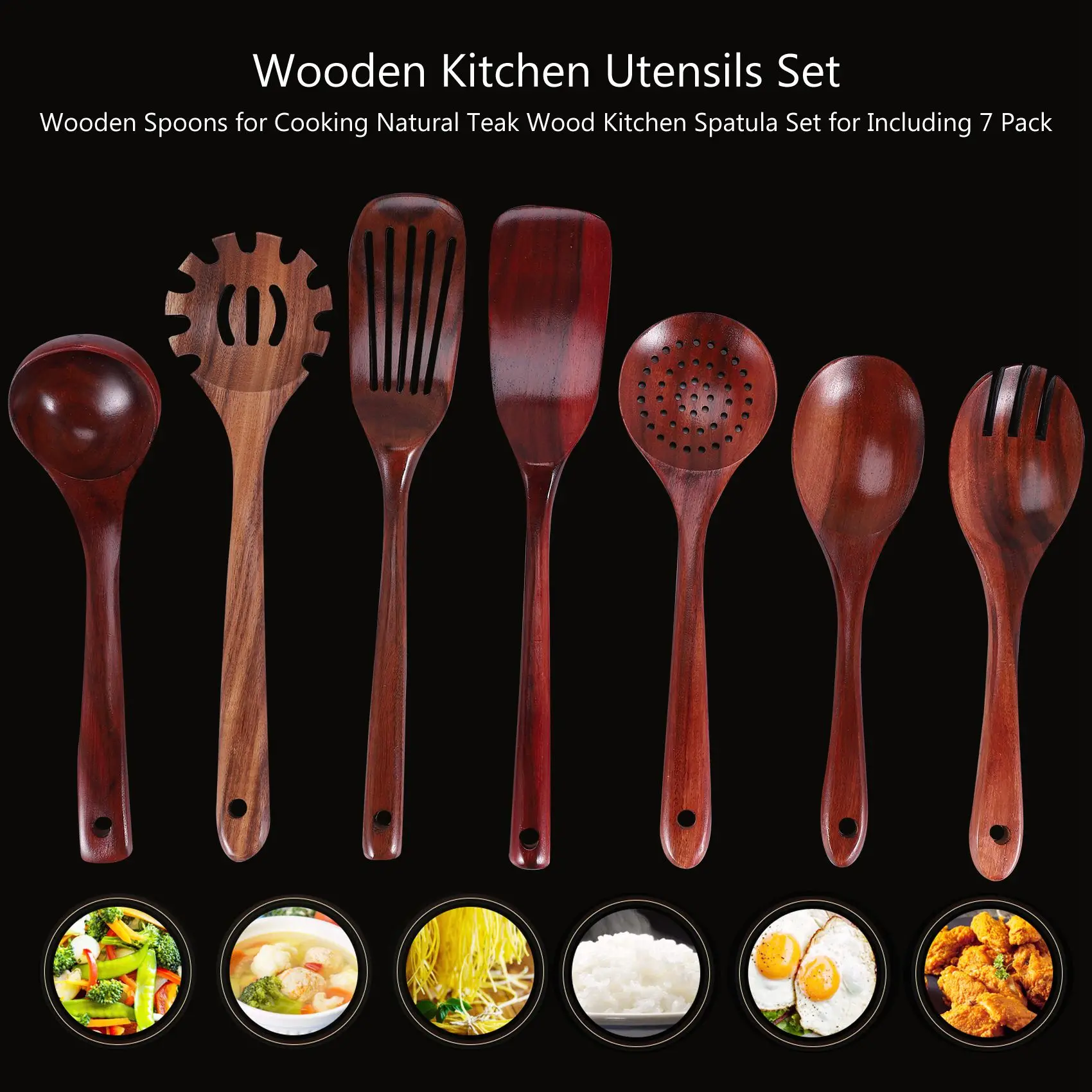 Wooden Kitchen Utensils Set,Wooden Spoons for Cooking Natural Teak Wood Kitchen Spatula Set for Including 7 Pack