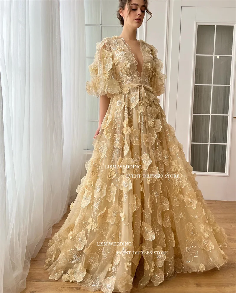 LISM Elegant Yellow Lace A-Line Evening Dresses 3D Flowers Sexy V-Neck Half Sleeves Formal Occasion Dress Floor Length Custom