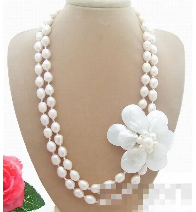 

Fashion jewelry 2Strds White Pearl&Shell Flower Necklace
