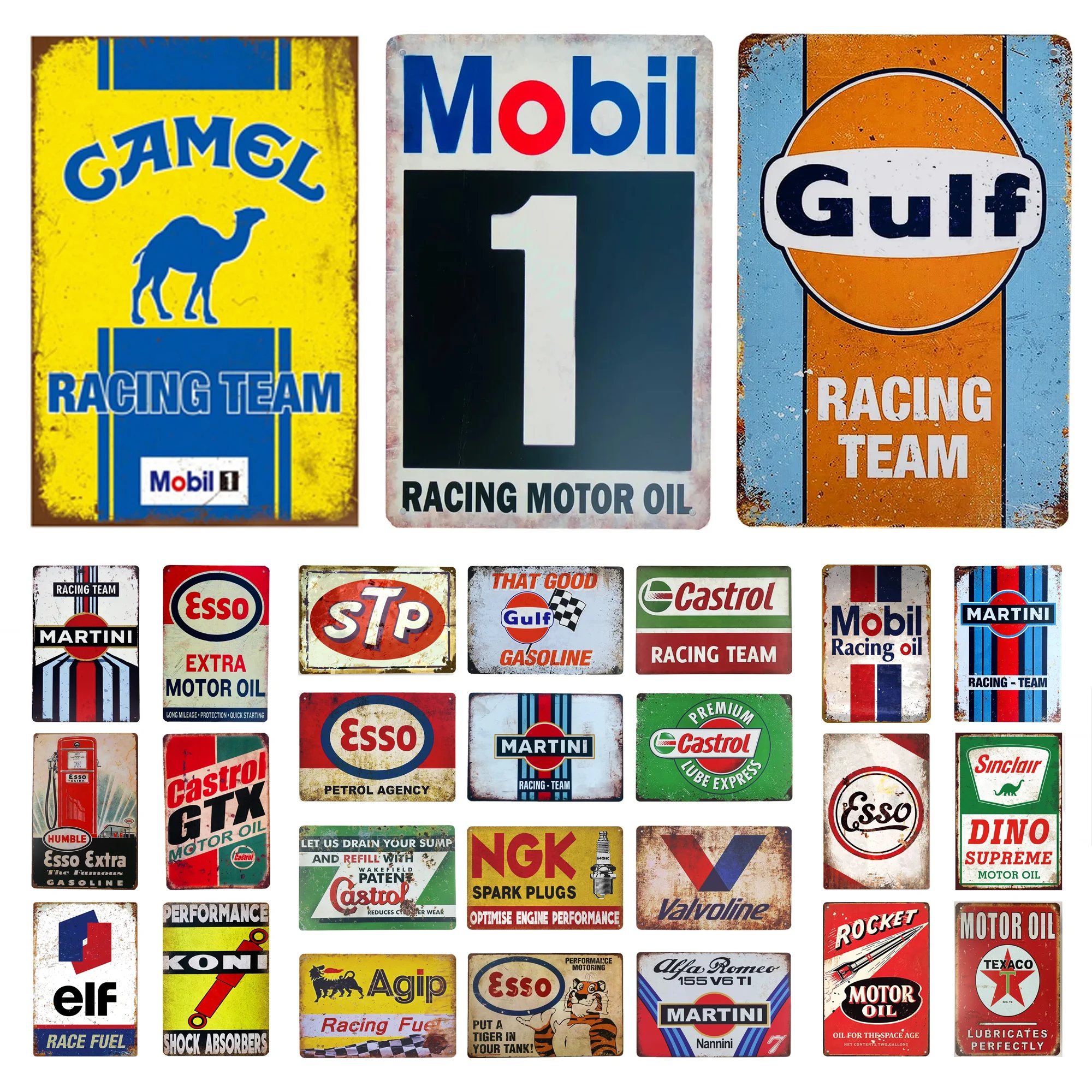 Racing Motor Oil Esso Gulf Camel Metal Tin Signs Poster Plate Wall Decor for Bars Garage Man Cave Cafe Club Retro Posters Plaque