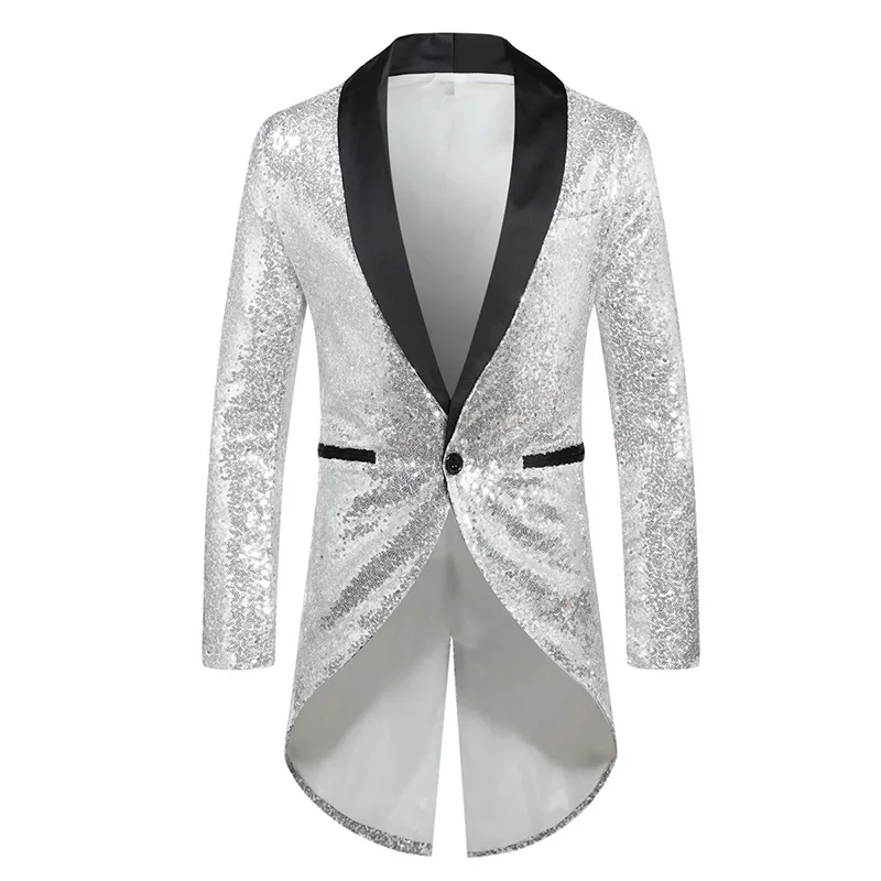 2024 Long Style Men's Performance Jacket Black Sequins Suit Tuxedo Host Stage performance Tuxedo Magician Chorus Costume