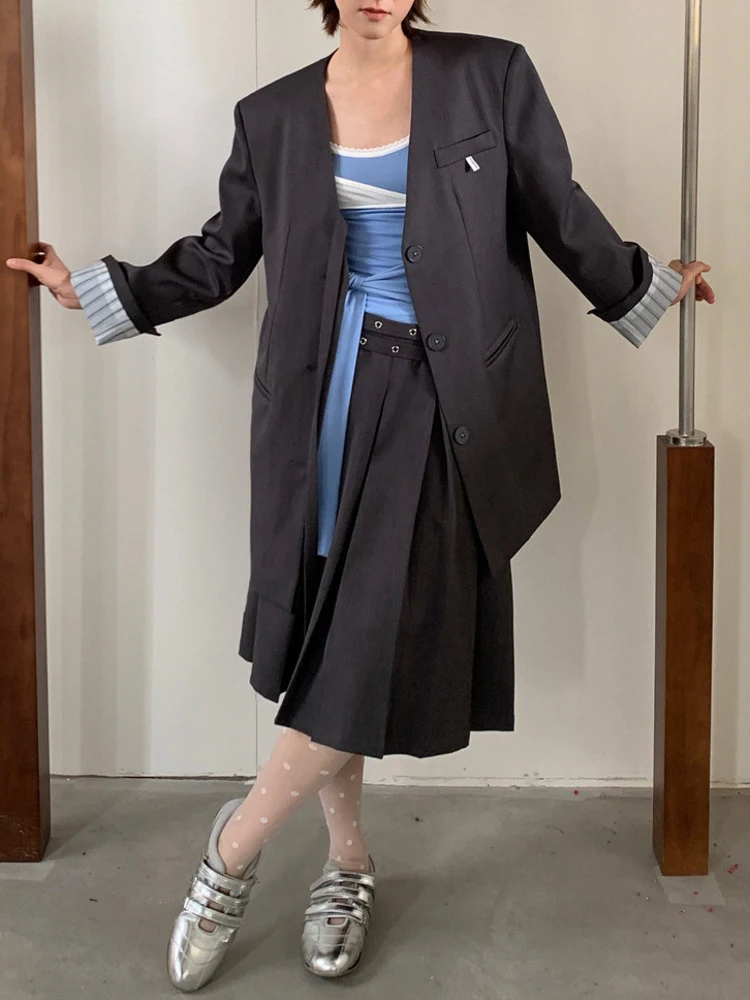 TLXT 솔리드 컬러 정장 재킷 여성용 v 넥 긴 소매 싱글 브레스트 리본 디자인 루스 코트 2025 Spring New XK1021