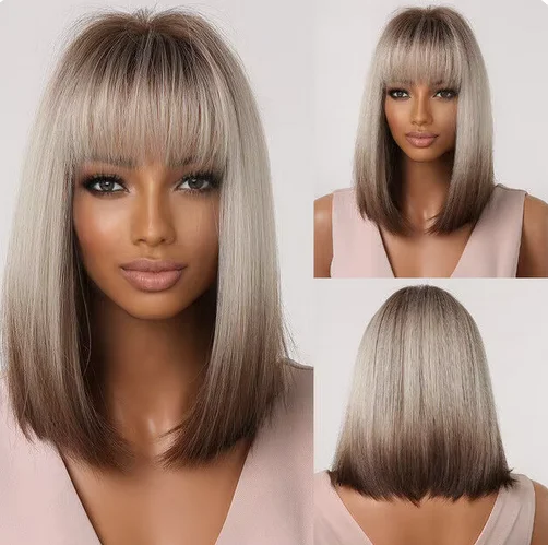 Sexy Frauen braun blond kurze Bob gerade Perücken mit Pony synthetische Perücken