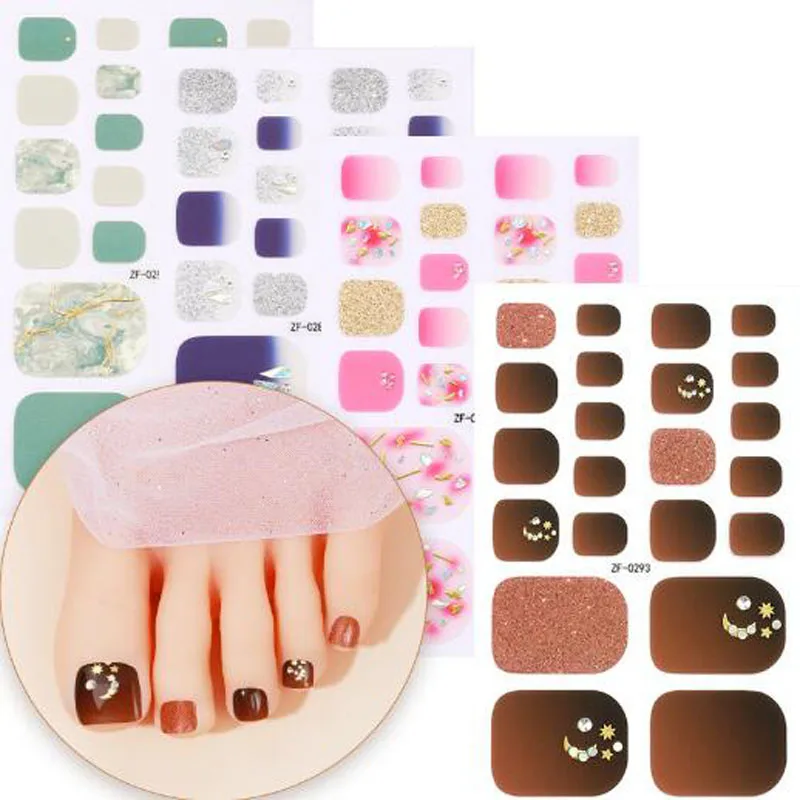 Full Cover Adhesive Nail Wraps Summer Foot Nail Art Decors Finished Nail Polish Patch Tips 3D Diamond Toenail Stickers