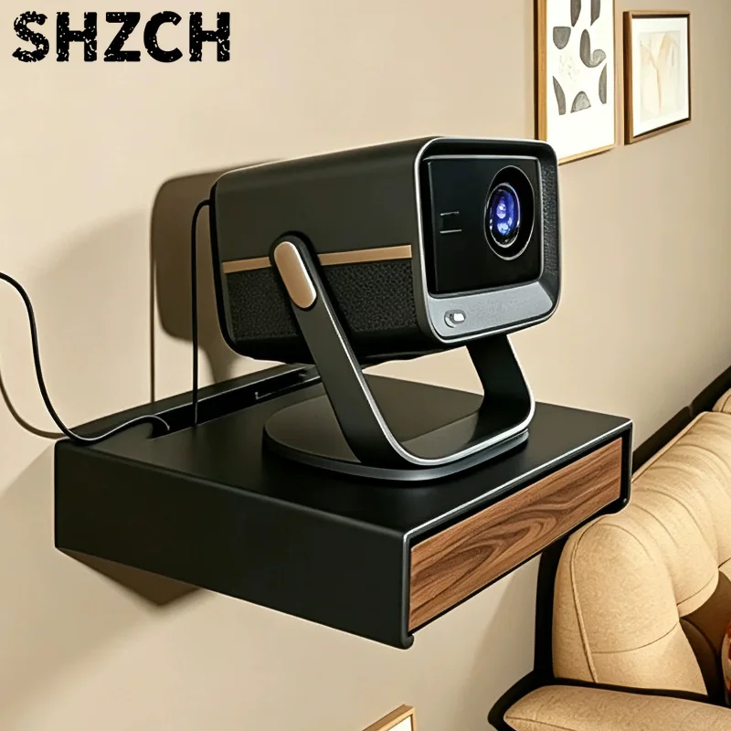 Wall Mounted Projector Shelf with Hidden Drawer,Solid Wood Floating Rack for Background Wall,Space-Saving Home Theater Organizer