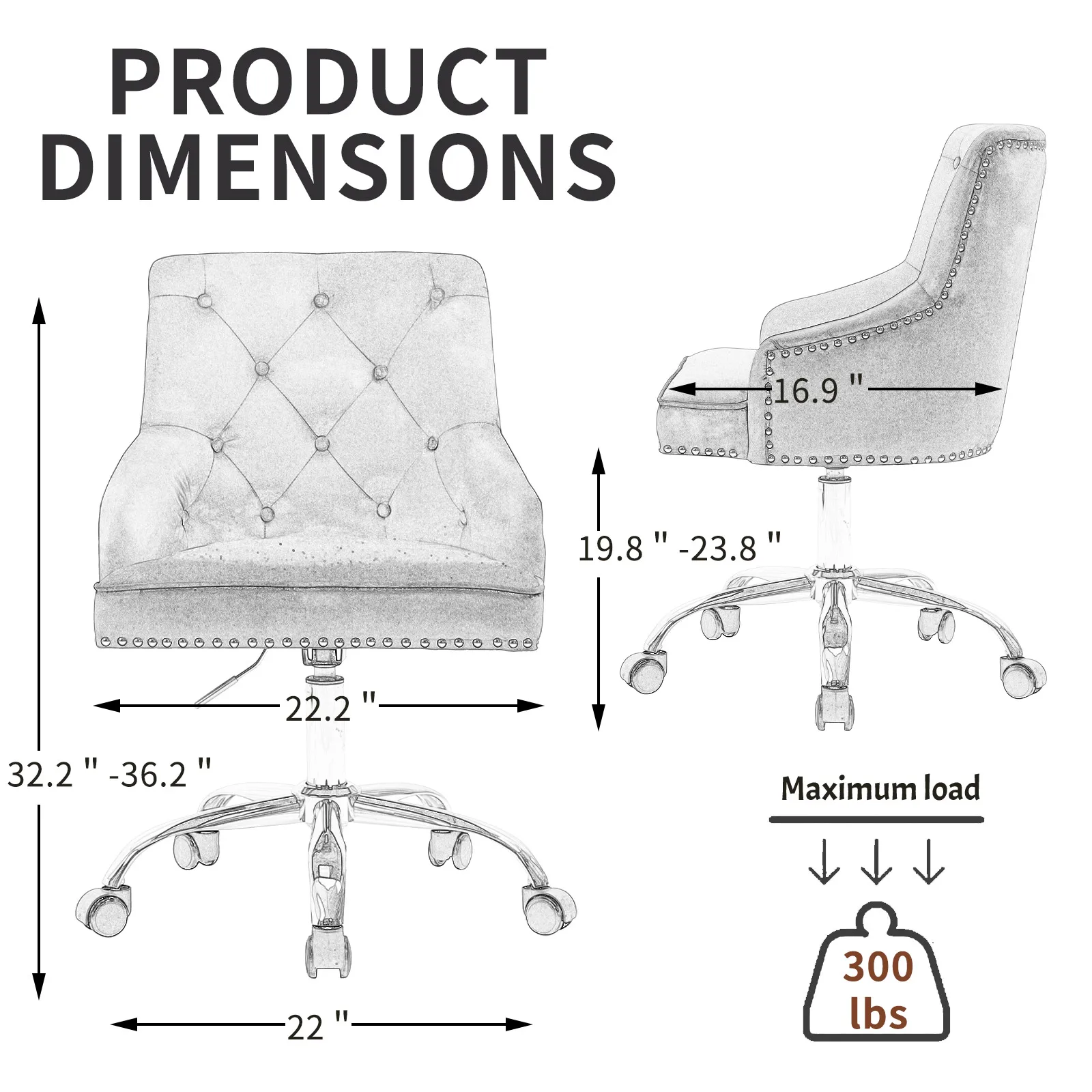 Modern Mid-Back Tufted Office Adjustable Height Computer Chair Velvet Soft Vanity Chair with Rivet and Arm Support Furniture