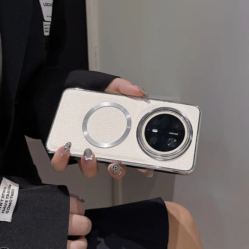 Luxury Leather Texture Magnetic For Magsafe Phone Case For Huawei Pura 80 70 Pro Plus Mate 70 60 Pro Plus Plating Matte Cover